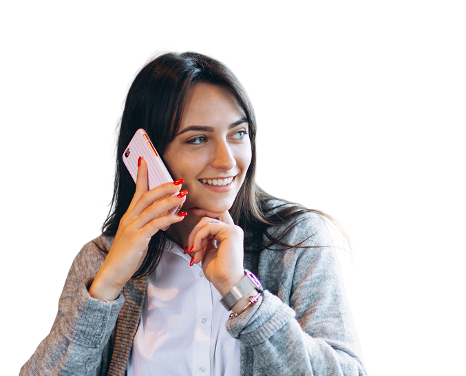 Smiling woman holding a phone and tablet